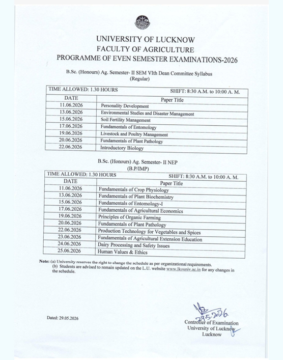 B.Sc Agriculture Exam Schedule