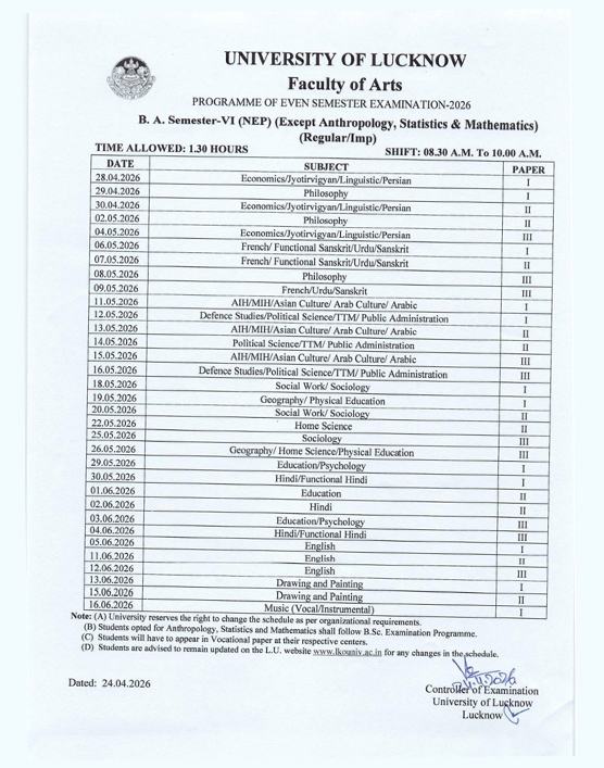 B.A Exam Schedule