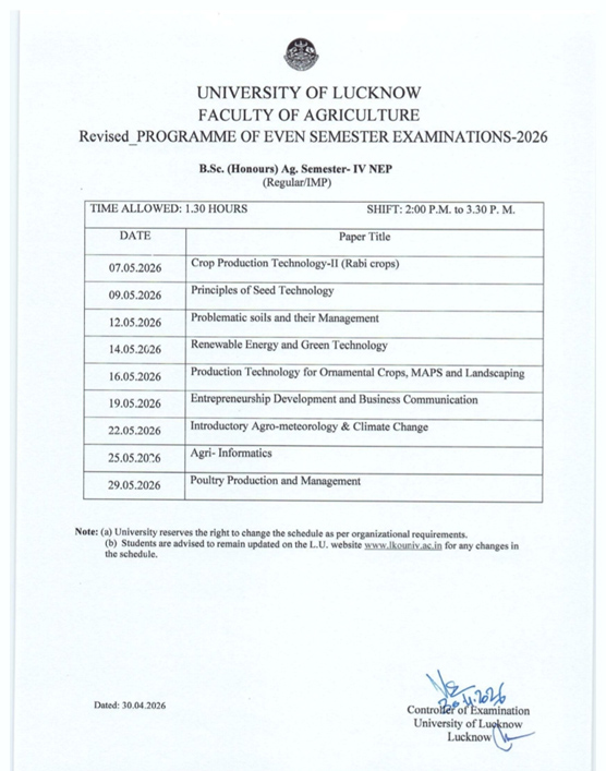 Revised Exam Schedule